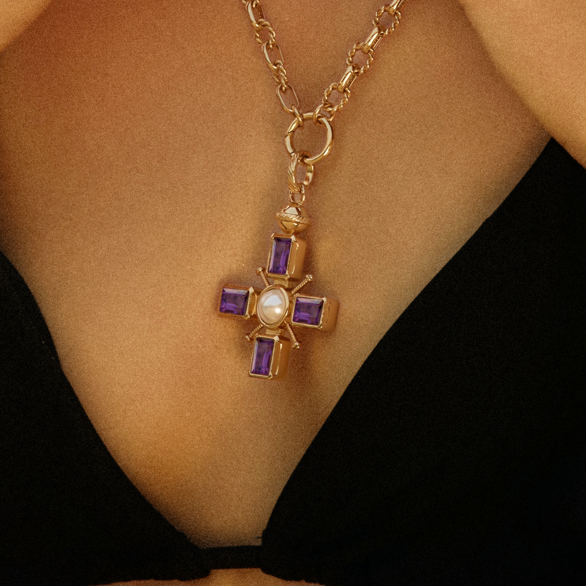 Byzantine Cross Necklace with Shell Pearls Gold-plated Brass Retro