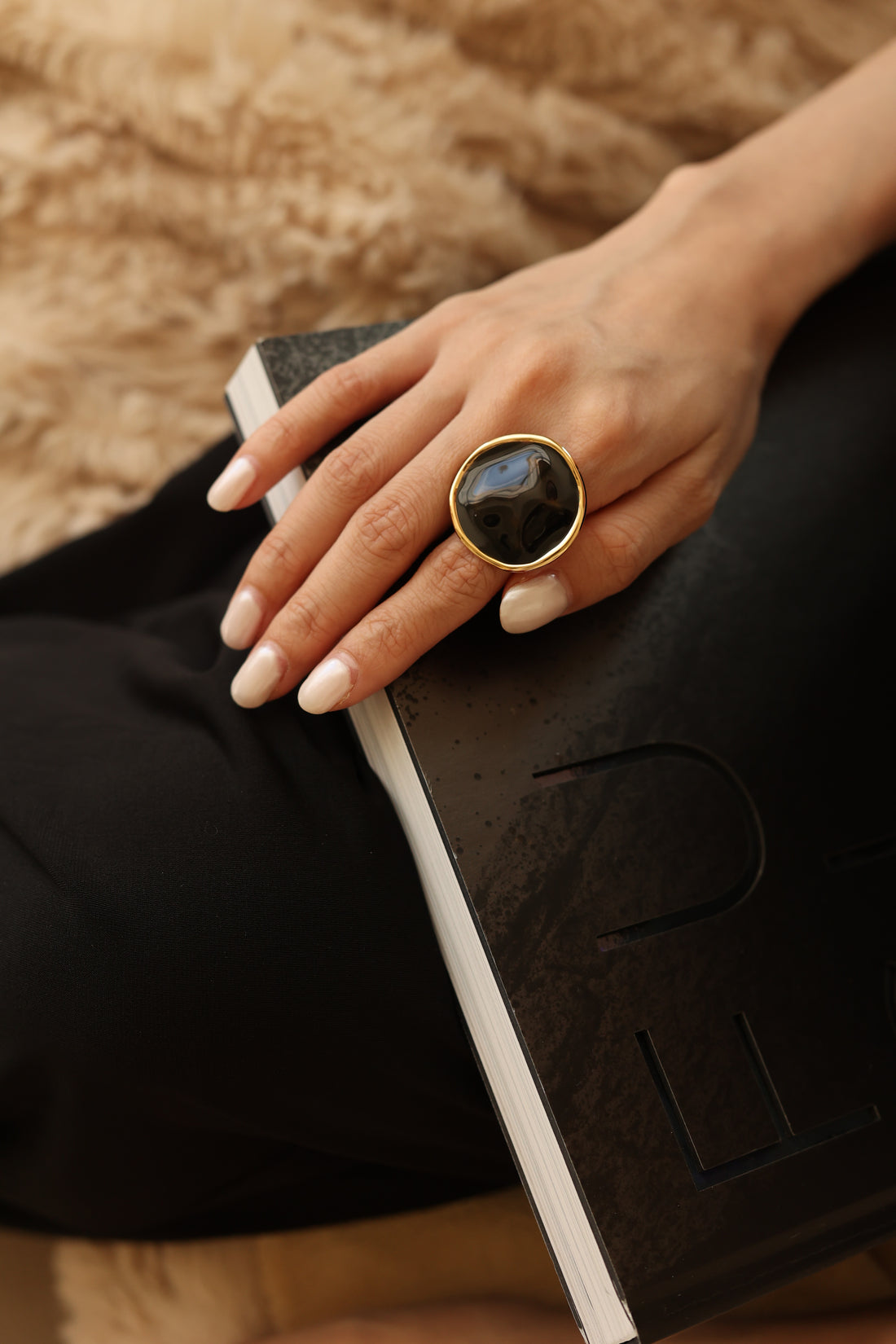 Black Enamel Ripple Ring